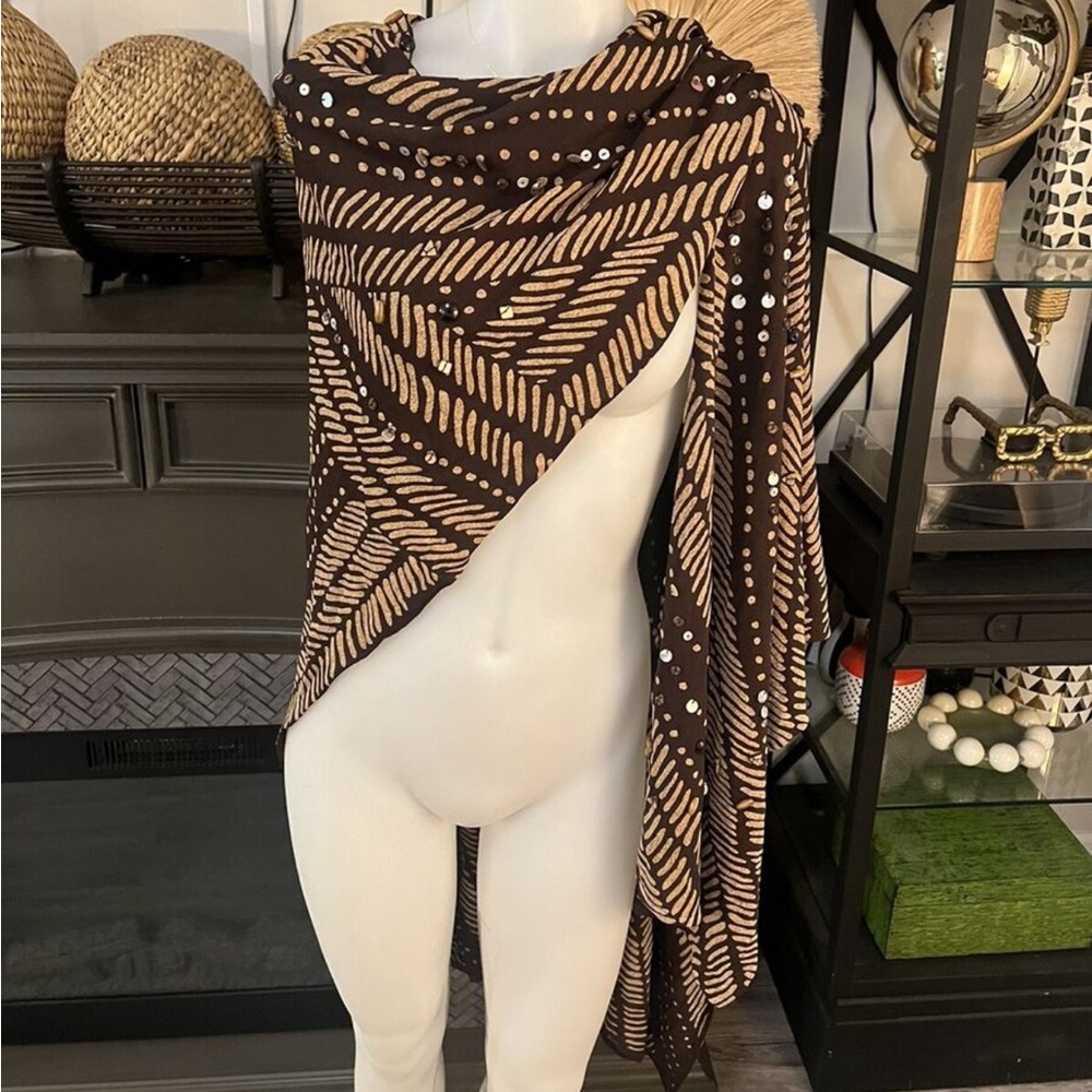 Chico's Shawl Wrap Cardigan Ruana Kimono Women's One Size OS Brown Tan Beaded - Picture 6 of 12